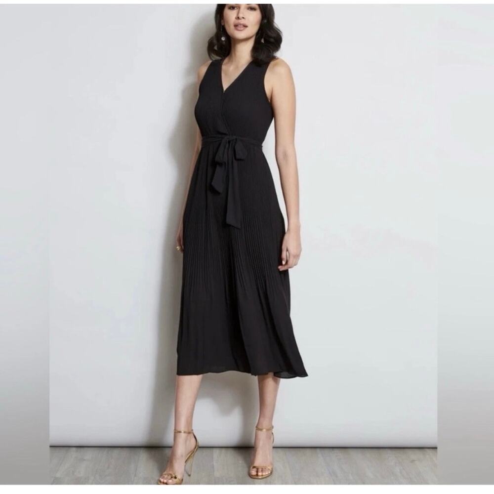 Elie Tahari Faux Wrap Dress Fit and Flare Pleated Midi Black Size L Minimalist